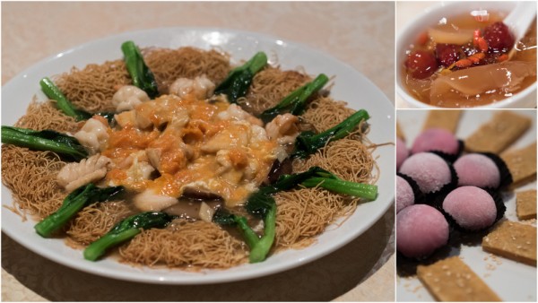 braised crispy noodle with seafood & crab roe, desserts