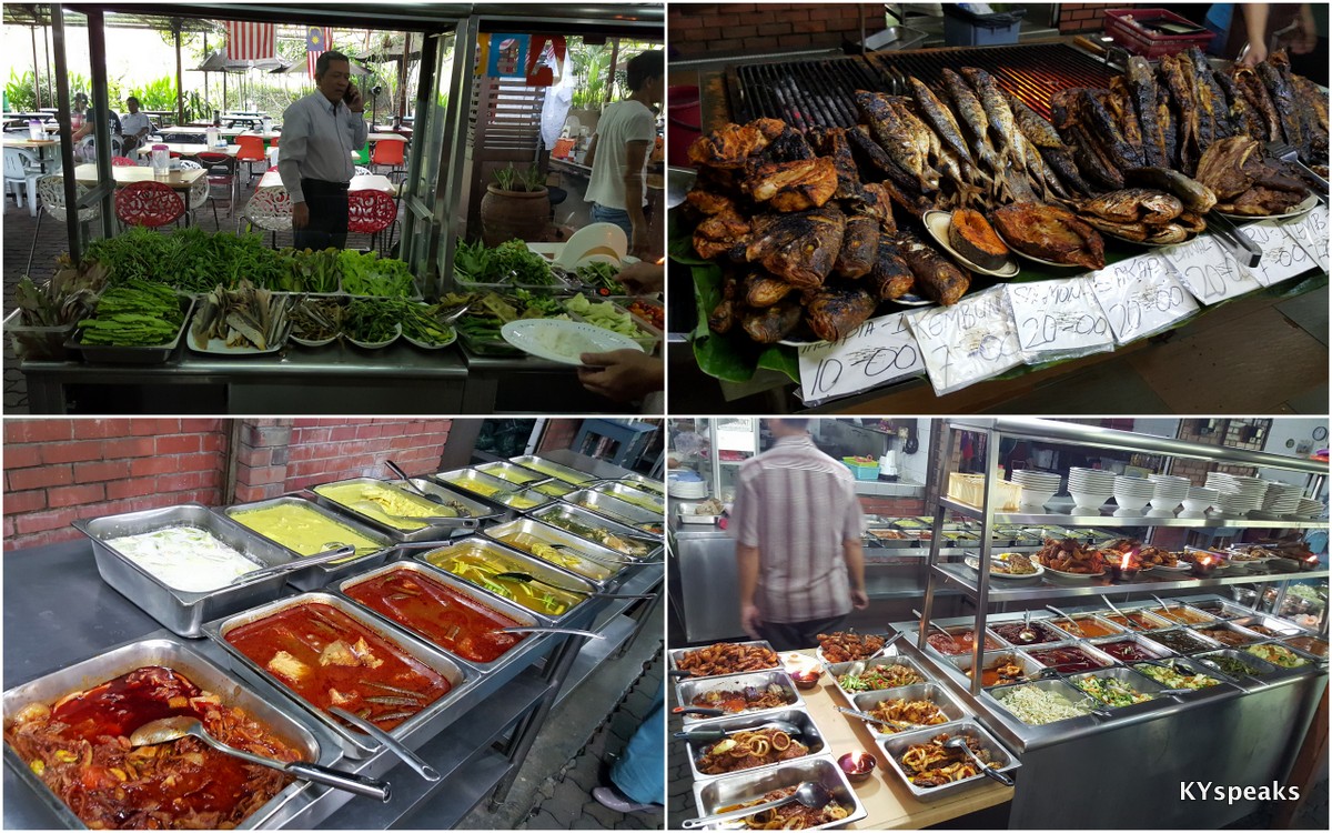 huge selection of ulam, ikan bakar, and other lauk