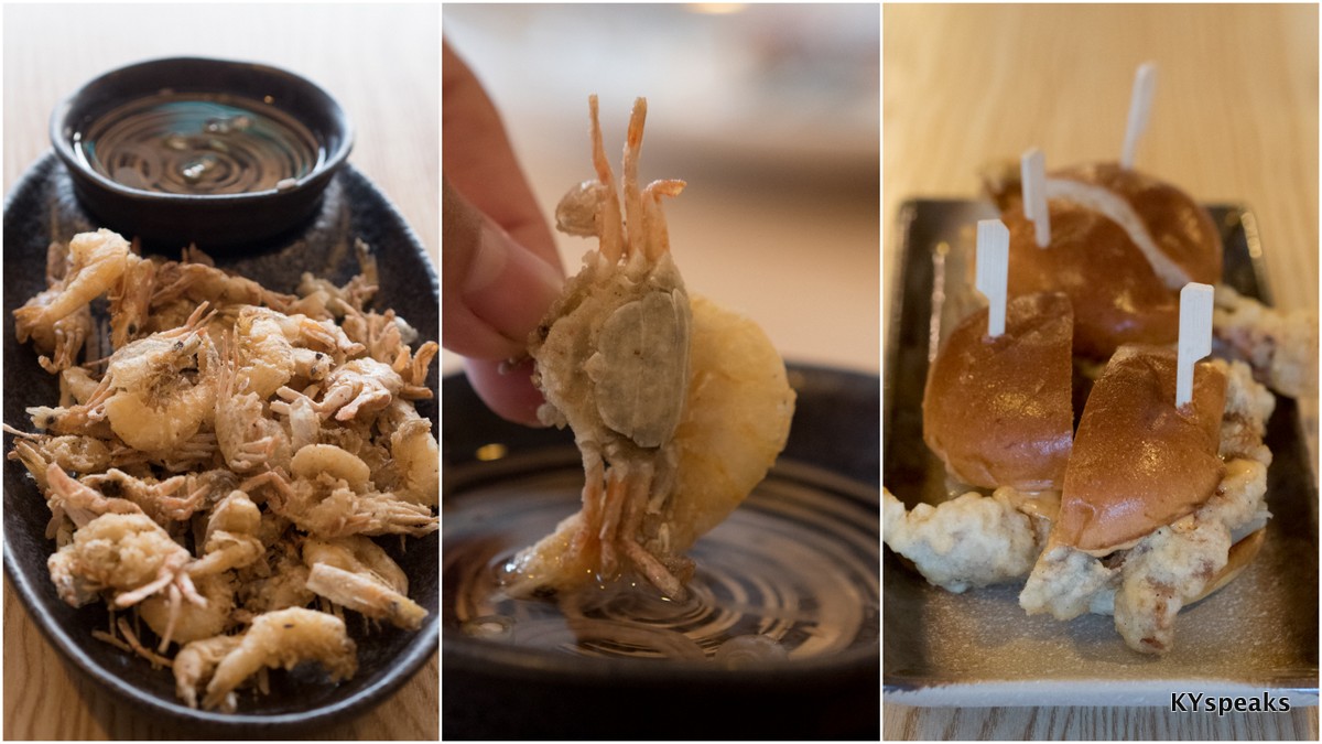 deep fried baby crabs & school prawns, tiger beer battered soft shell crab buns