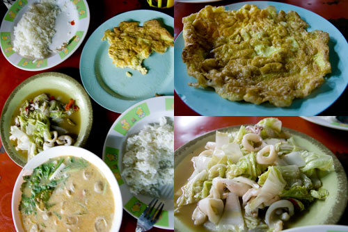 egg, squid with cabbage, and tomyam