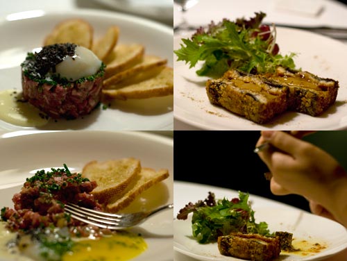 Appetizer, foie gras unagi, wagyu tartare, Cilantro Restaurant at Micasa Hotel