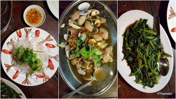 raw prawn salad, lala, kangkung belacan
