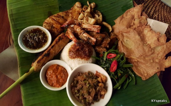 nasi campur, with beef, prawns, squid, fish, and more