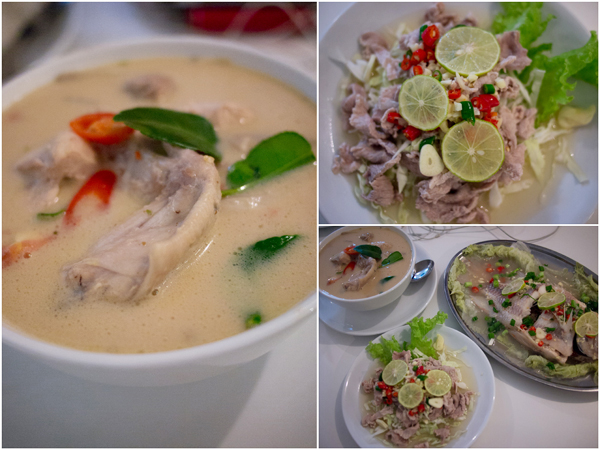 Tom Ka Kai (coconut milk tomyam chicken), Moo Ma Naw (spicy pork salad)