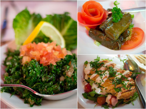 tabbouleh, warak enab, grilled chicken salad