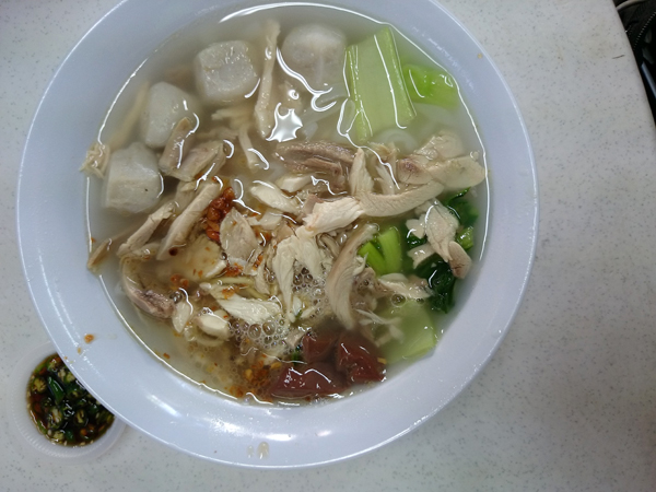kuih teow, chicken, fish ball, and the all important coagulated blood