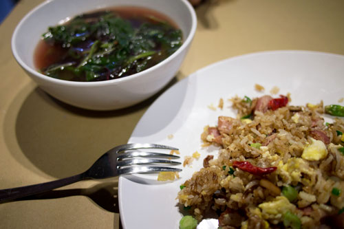 a complete meal - bacon fried rice and red spinach soup