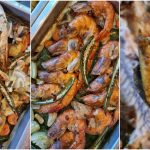 baked fish, prawns, and squid