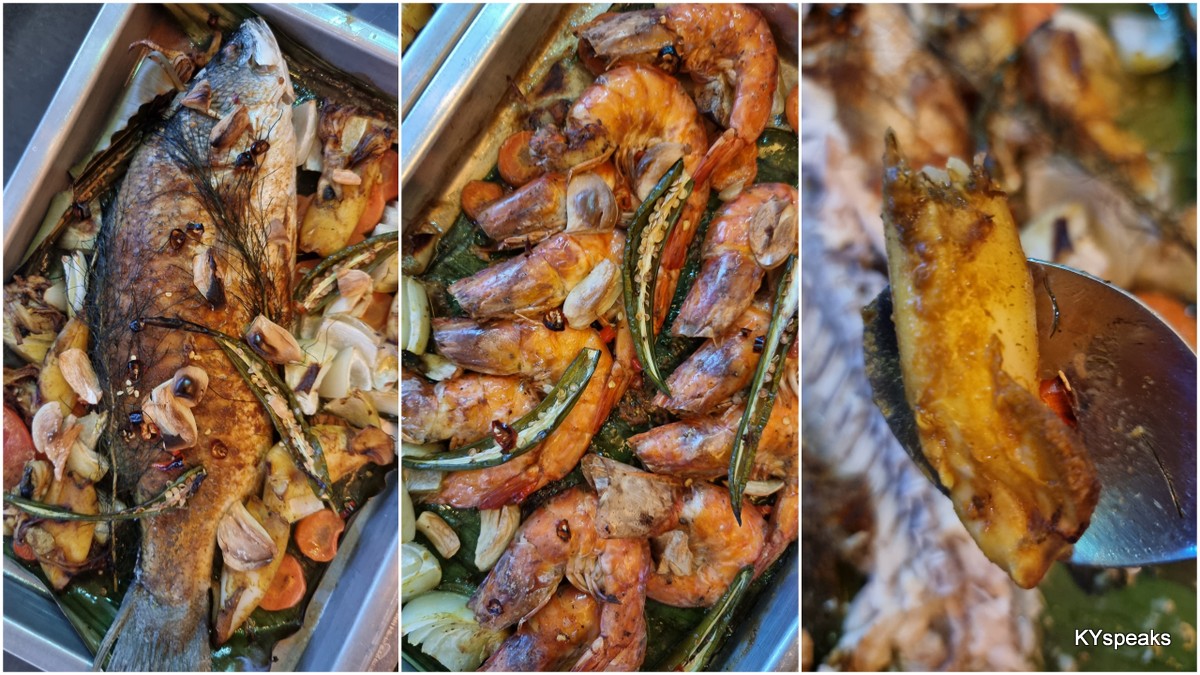 baked fish, prawns, and squid