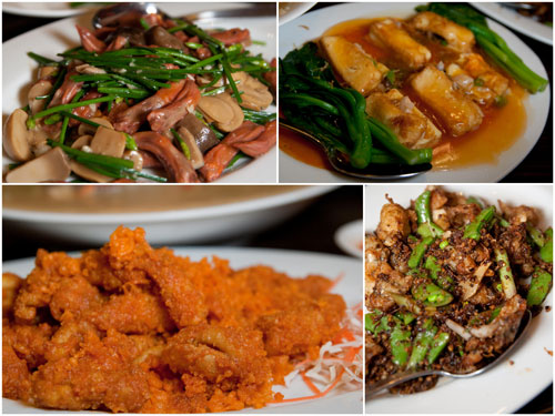 duck tongue, steamed tofu, squid with salted egg, frogs in XO sauce