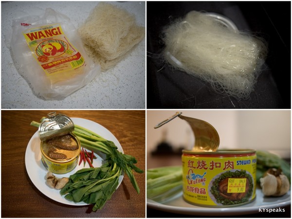 ingredients - meehun, vege, garlic, canned pork, chili padi