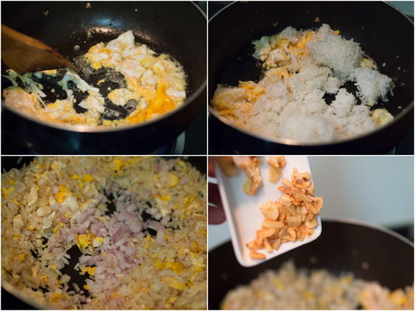 start with the egg, then rice, onion, then everything