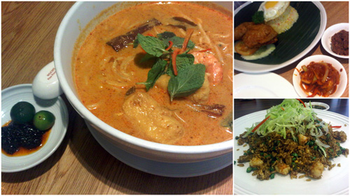curry laksa, nasi bojari, and hakka fried rice