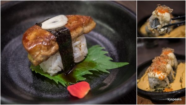 foie gras sushi, hotate maki spicy sauce