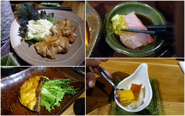 chicken teriyaki, grilled cod, sashimi, custard