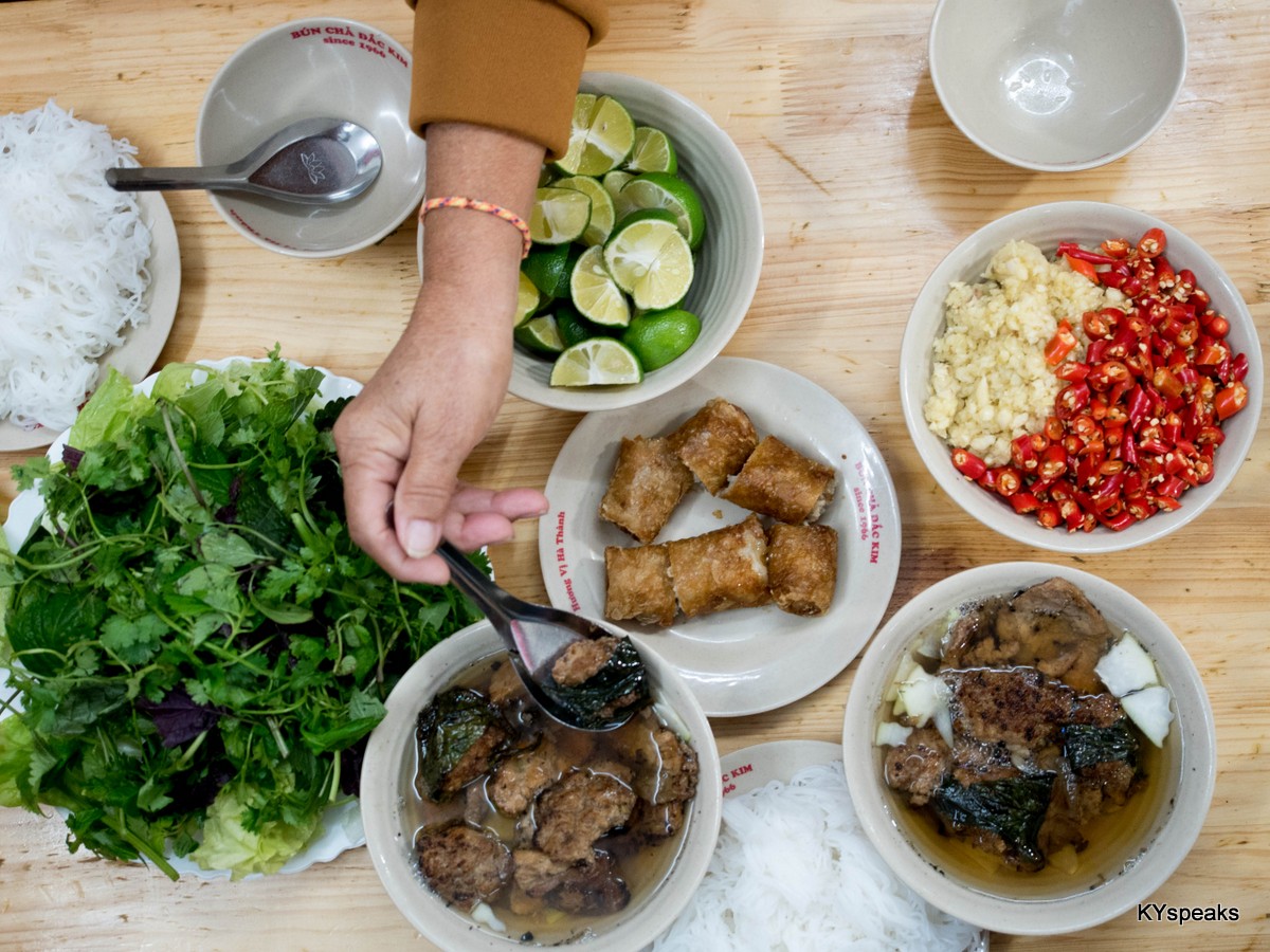 bun cha comes with plenty of vegetables