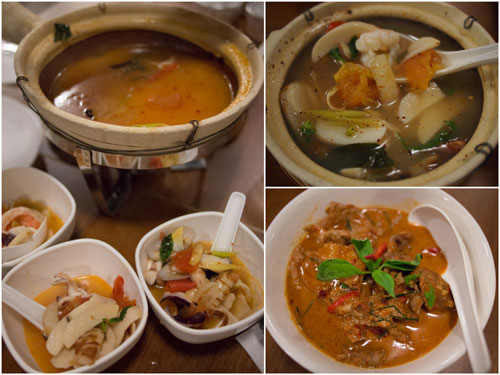 thick soup and clear soup seafood tomyam, red curry with pork