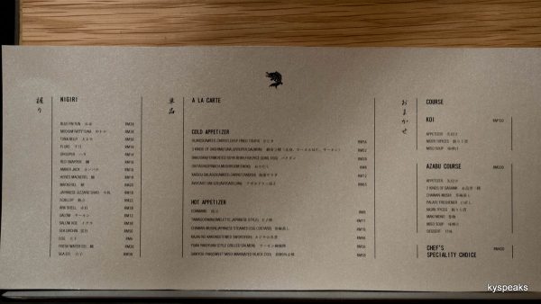 the menu at Sushi Azabu KL
