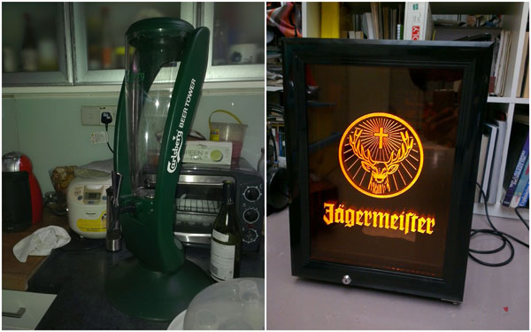 the loot - a Carlsberg beer tower and a Jagermeister mini fridge