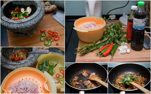 ingredients for kapraw pork - pork, chili, fish sauce, basil, garlic