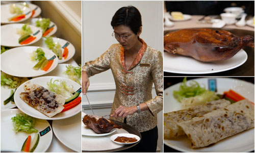 peking duck served with steamed sesame pancakes