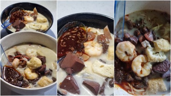 curry mee with blood, prawns, and great sambal