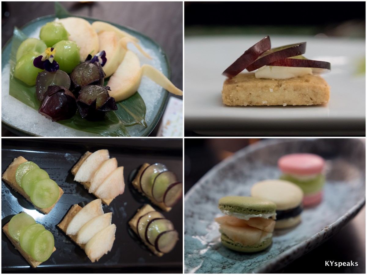 Shine Muscat, White Peach and New Pione, sesame short bread with fruit topping, macaroon