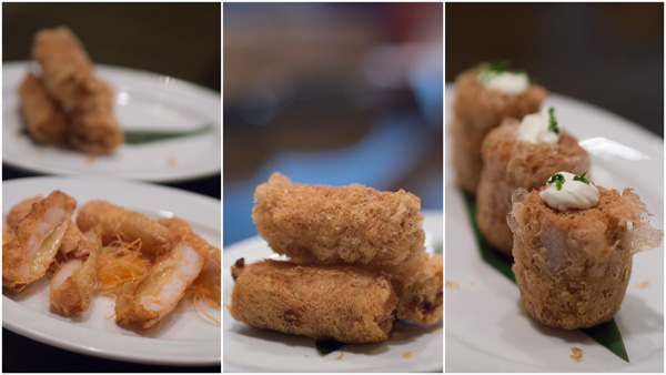 crispy bean curd with prawn & cheese, yum puffs with beef bacon & chives, crispy salmon & cheese roulade