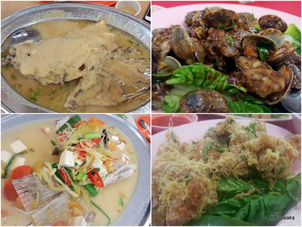 steamed fish with ginger, lala, steamed fish teow chew, mantis prawn butter style