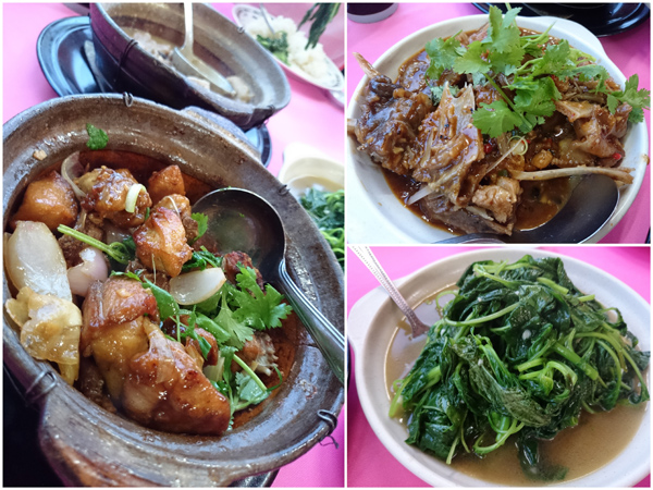 3 cup chicken, fish head with fermented soya bean, simple vege dish