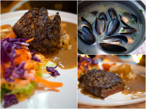 sirloin steak and mussels 
