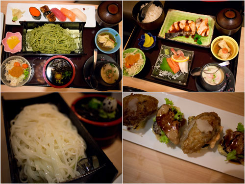 set meals, inaniwa noodle, foie gras and oyster mentai maki