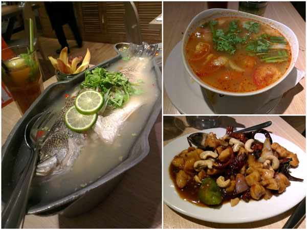 steamed siakap with lime sauce, tomyam seafood, chicken with dried chili