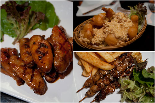 grilled chicken wings, squid with salted egg, skewered chicken
