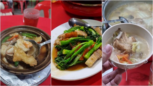 claypot tofu with seafood, kailan with roast pork