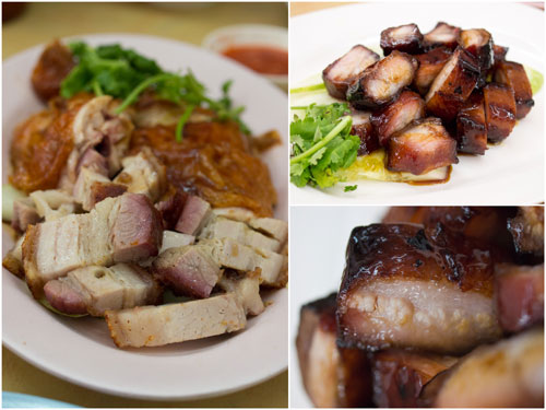 siu yoke (roast pork), roast chicken, and char siu (bbq pork)