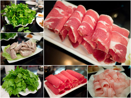 beef slices, pork neck slices, lamb slices, pork intestine, and vege