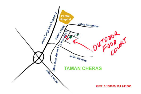 map to the night time outdoor food court at Taman Cheras