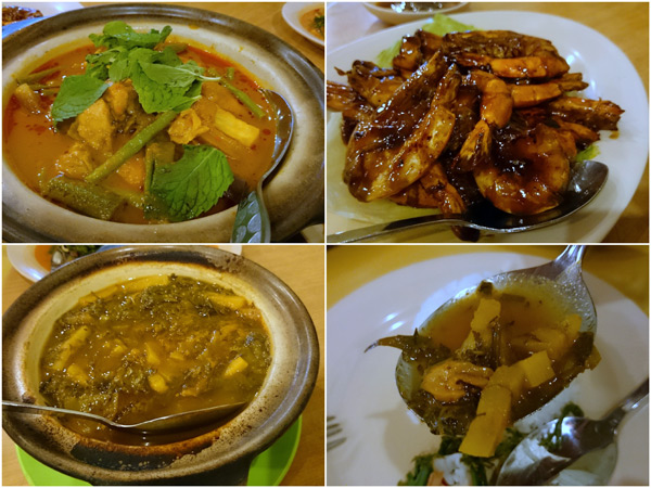 curry fish head, asam prawn, perut ikan