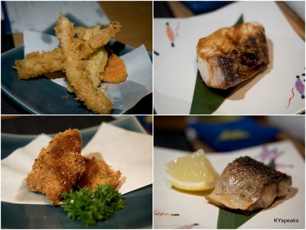 "ala minute" dishes - ebi tempura, saba, kaki furai, sawara teriyaki