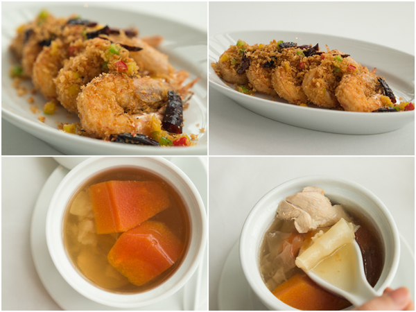 crispy prawns with bread crumbs and garlic, double boiled chicken soup, fish maw, papaya & snow fungus