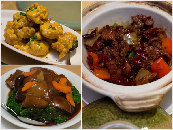 prawns with salted egg, sea cucumber with mushroom, lamb with cumin & dried chili