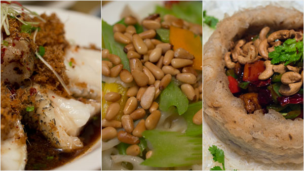 steamed Canadian black cod, sauteed celery with pine nuts, vegetarian "chicken" with yam basket