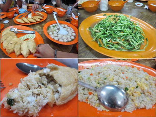 stuffed crab, fish ball soup, vegetable, fried rice