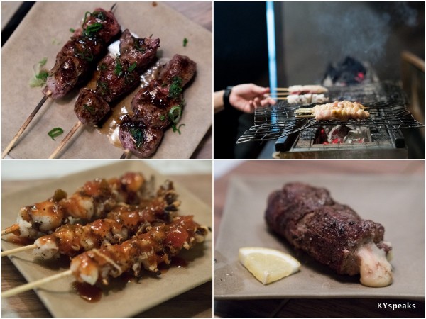veal chunk, squid tentacles, and crispy cheese beef yakitori