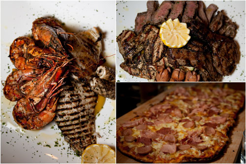 seafood grill, mixed grill, pizza